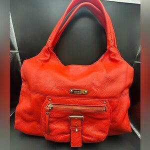 Michael Kors Red Pebbled Leather Hobo Shoulder Bag Gold Hardware 14”